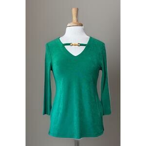 Chicos Travelers 3/4 Sleeve Emerald Green Bamboo Accent Size OP Small Petite